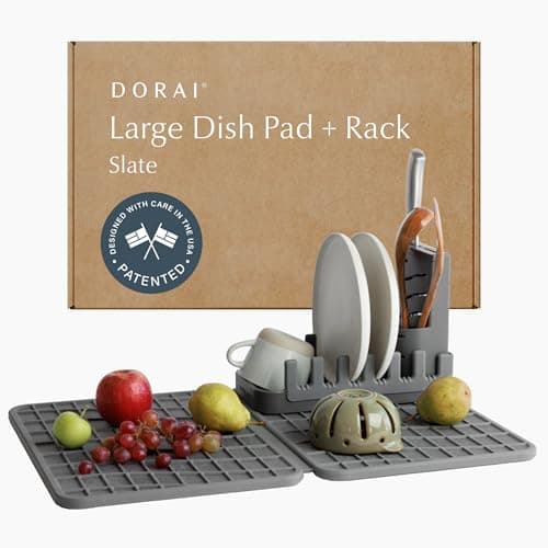 Dorai Home Collapsible Dish Drying Rack and Stone Dish Pad – Large Foldable Drying Rack with Instant - Dry Stone Mat –Space-Saving Drainer Rack for Kitchen Counter - 24.6" x 16.5", Slate - Image 1