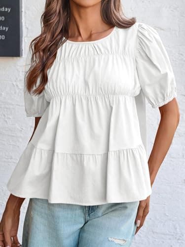 Tankaneo Womens Puff Sleeve Peplum Babydoll Tops Summer Smoked Pleated Cotton T-Shirts Casual Loose Fit Flowy Blouse White - Thumbnail 6