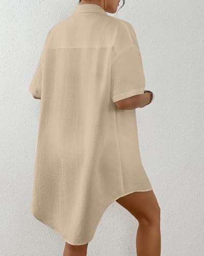 Bsubseach Womens Swimsuit Coverup Blouse Short Sleeve Button Down Shirt Dress Bathing Suit Cover Ups Beach Vacation Outfits Khaki L - Thumbnail 3