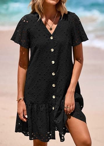 KIRUNDO Eyelet Dresses for Women 2026 Spring Summer Short Sleeve Button Down Loose Mini Babydoll Dress Beach Vacation Clothes(Black, Small) - Thumbnail 5