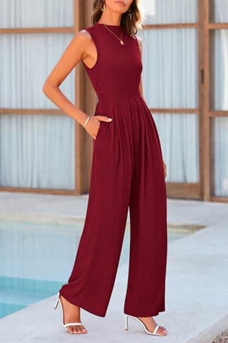 PRETTYGARDEN Womens Summer Jumpsuits Dressy Casual One Piece Outfits Sleeveless Mock Neck Wide Leg Pants Rompers with Pockets (Wine Red,X-Large) - Thumbnail 4