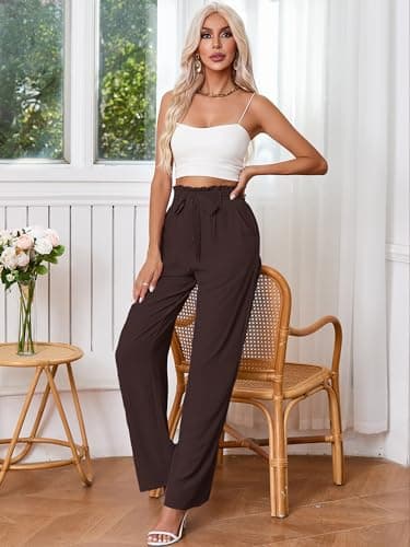 Heymoments Women's Wide Leg Pants with Pockets Dark Brown Small Lightweight High Waisted Tie Knot Paperbag Dressy Palazzo Loose Paper Bag Comfy Business Casual Work Flowy Trousers - Thumbnail 2