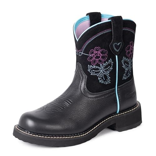Palitutu Cowboy Boots for Women Round Toe Ankle Western Cowgirl Boots Pull On Embroidered Full Grain Leather Black PLT303601 - Image 1