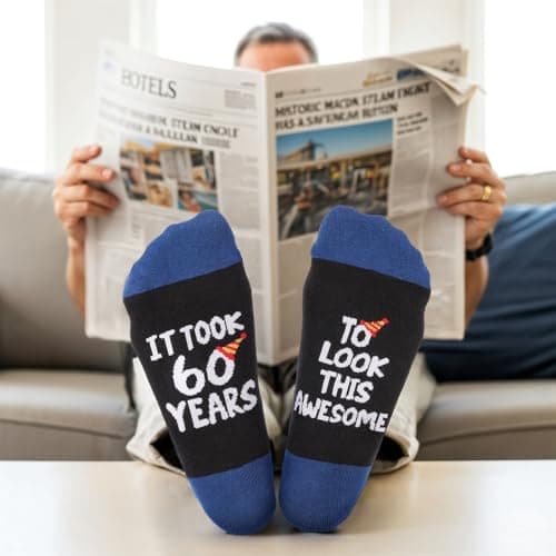 AGIFTMIND Mens Funny Novelty Socks, 60th Birthday Gifts for Him Grandpa Husband, Dad Gifts from Daughter (US, Alpha, One Size, Regular, Regular, 60th-BlackBlue) - Thumbnail 2