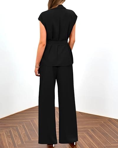 PRETTYGARDEN Women Summer Outfits 2025 Trendy Tank Tops Flowy Long Blazer Pant Suit 2 Piece Fashion Wedding Club Outfit(Solid Black,Small) - Thumbnail 5