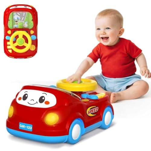 Toys for 1 Year Old Boy Gifts - 2-in-1 Toddler Push Car & Musical Racing Adventure Steering Wheel Driving Game, Interactive Simulated Driving Car for Baby 12-18 Months, Birthday Gift Ages 1-2,Dark Red