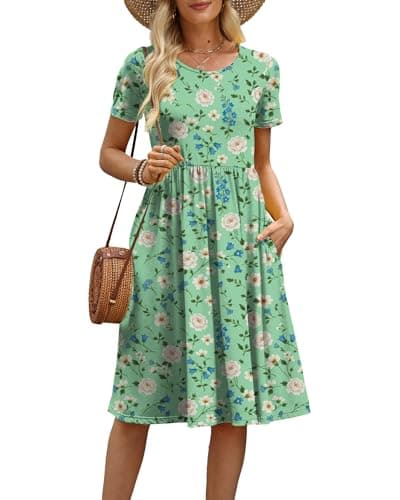 COSSEN Women's 2026 Summer Midi Dress Green Print Large Crew Neck Short Sleeve Casual Tshirt Sundress with Pockets Flowy Loose - Image 1