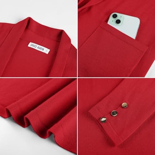 GRACE KARIN Long Cardigans for Women, Open Front Spring Sweaters, Lightweight Knit Blazer with Pockets Red M - Thumbnail 6