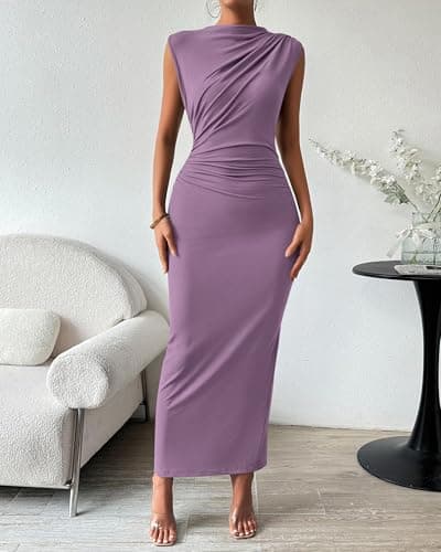 BTFBM Women Ruched Bodycon Maxi Dresses Summer Casual Sleeveless Lightweight Slit Elegant Cocktail Wedding Guest Dress(Purple, Large) - Thumbnail 2