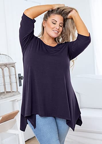 AusLook Plus Size Tops for Women 3/4 Sleeve Navy Blue 4X Crewneck Tunic Clothing Flowy Blouse Loose Fit Babydoll Summer Fall Winter Maternity Shirts Wear with Leggings - Thumbnail 3