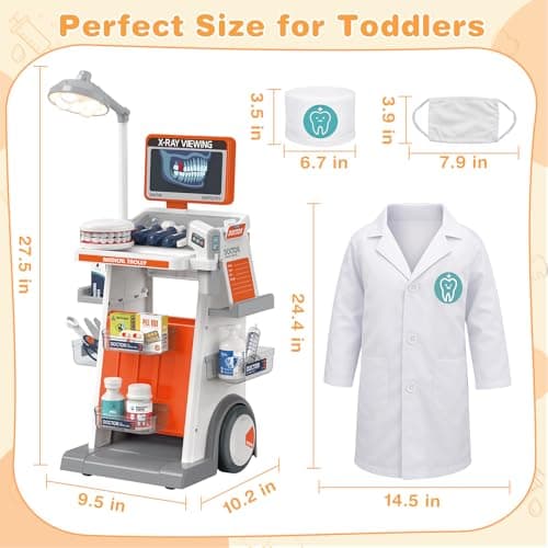 Dreamon Doctor Kit for Toddlers 3-5 Pretend Play Toys - 29 Pcs Kids Dentist Cart Play Set with Light and Costume - Role Play Medical Toy for 3+ Year Old Boys and Girls Christmas Birthday Gifts - Thumbnail 3