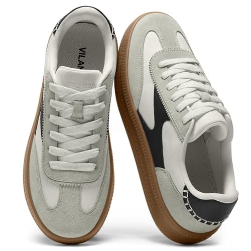 Vilanva Women's Fashion Sneakers Casual Tennis Shoes with Genuine Suede Classic Retro Gum Sole Walking Trendy Footwear White Multi - Image 1