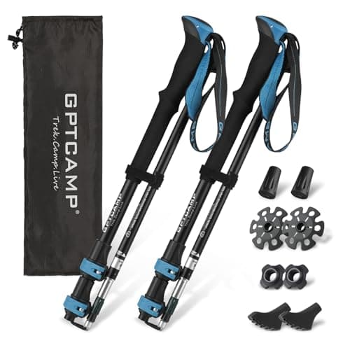 GPTCAMP Hiking Sticks,2PC Trekking Poles Collapsible Hiking Poles,Lightweight Folding Adjustable Travel Walking Sticks with EVA Foam Grip for Men Women,Blue - Image 1