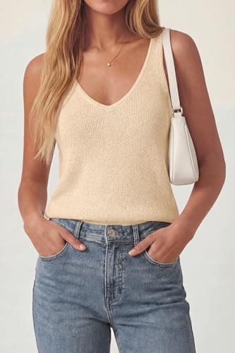 PRETTYGARDEN Women Summer Tank Tops 2026 Basic Sleeveless V Neck Lightweight Knit Beach Vacation Clothes Going Out Top(Beige,Small) - Thumbnail 3