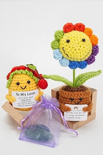 2 Pack Positive Crochet Animals Birthday Gifts for Women Men Includes Motivational Cards and a Wooden Base Cute Small Gift for Son Mom Dad Daughter Sister Friend Coworkers - Image 1