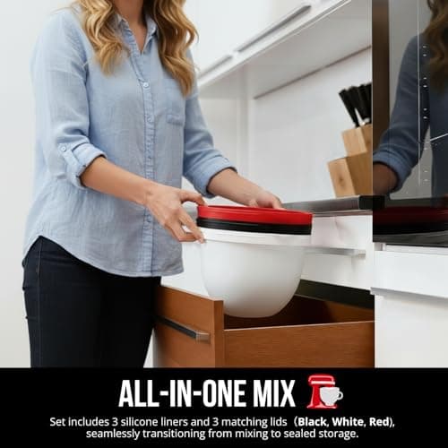 【3-Pack】Supper Moment® Silicone Bowl Liners for KitchenAid 5 Qt Tilt-Head Mixers, Foldable Space-Saving Silicone Mixing Bowl Liners with Lids, Heat Resistant, Dishwasher Safe (Black, White, Red) - Thumbnail 4