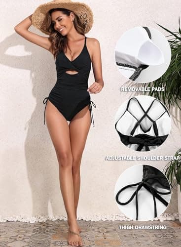 Aleumdr Women's Ribbed One Piece Swimsuit Tummy Control Bathing Suit Cheeky V Neck High Cut Cross Back Swimwear Black Small - Thumbnail 6