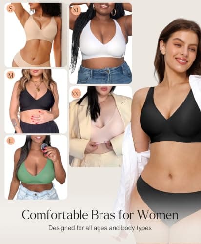Jelly Bra Comfortable Bras for Women Wireless Push Up Bra Seamless Comfy No Underwire Supportive Bralettes Deep V Tshirt Bras Black - Thumbnail 5