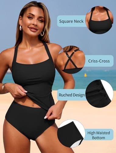 ZAFUL 2026 Tankini Swimsuits Tummy Control Swimsuits 2 Piece Bathing Suits with Bottom Modest Swim Suit fo Women Black S - Thumbnail 5