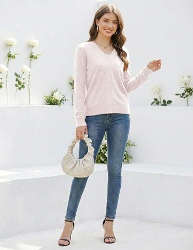LaGracia Women's Sweaters Cardigan Long Sleeve V Neck Button Up Open Front Business Casual Lightweight Sweater Beige Pink XL - Thumbnail 6