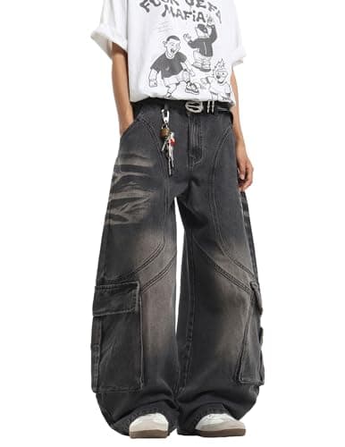 Men's Y2k Hip Hop Baggy Jeans Wide Leg Skater Pants Loose Fit Denim Pantalones Long Trousers Streetwear Rock Black