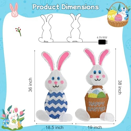 Outdoor Easter Rabbit Yard Decorations, 38 Inch Lighted Metal Decor with 120L, Set of 2 Plug-in LED Bunny Couple Festive Holiday Ornaments for Garden Patio Yard Porch Lawn Display - Thumbnail 3