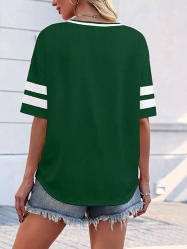 Bellcoco Women's Y2k Graphic Shirts Oversized Jersey Tops V Neck Number Print Off Shoulder Tees Football Streetwear Green Graphic XL - Thumbnail 6
