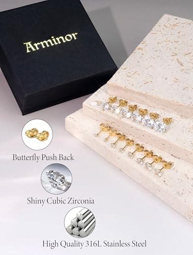 Arminor 7 Pairs 20G Stud Earrings for Women Men Hypoallergenic 316L Surgical Stainless Steel Earrings for Multiple Piercing | AAAAA+ Cubic Zirconia Earring Stacks with Butterfly & Silicone Backs - Thumbnail 6