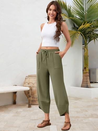 Jiflora Womens Flowy Linen Pants Wide Leg Palazzo Drawstring Elastic Waist Trousers with Pockets Beach Green 01 M - Thumbnail 5