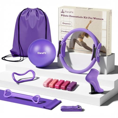 ElaraFit Home Pilates Ring and Ball Set for Women with 5 Resistance Bands 13 inch Magic Circle Workout Starter Kit for Beginners Full Body Toning 15 Min Daily Routine,Purple Mix - Image 1