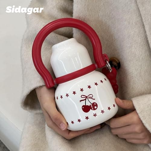 Sidagar 22 oz Water Bottle with Straw and Bowl, Unique Insulated 316L Stainless Steel Leak-Proof Flask for Women & Kids, Yoga & Travel, with Heart Bracelet Charm, Cherry White - Thumbnail 5