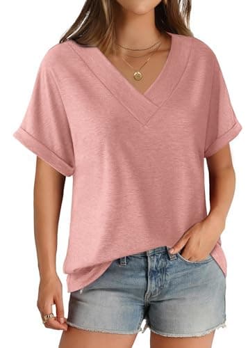 GKBK Womens Short Sleeve T Shirts V Neck Loose Fit Shirts Summer Casual Basic Tee Tops Rose XXL - Image 1