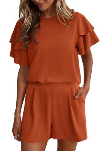 KIRUNDO Two Piece Sets For Women Summer Casual Loose Ruffle Short Sleeve Matching Shorts Sets Beach Vacation Cruise Outfits(Brown Orange, Medium)