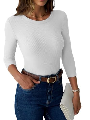 GKBK Womens 3/4 Sleeve Ribbed Tops Fitted Basic Tee Shirts Casual Crewneck Tight Layering 2025 Fall Fashion Outfits White - Thumbnail 3