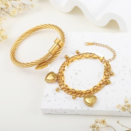LCTrusttmor Gahna Heart Charms Bracelets for Women, Stackable 18K Gold Plated Heart Charm with Adjustable Layered Link Chain Set Dainty Jewelry Gifts - Thumbnail 6