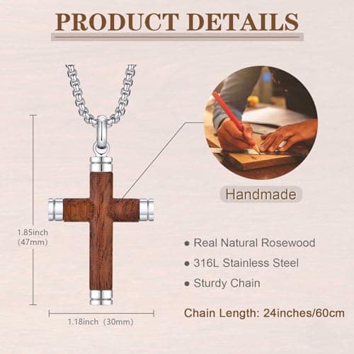 Wooden Cross Necklace for Men-Hawaiian Real Handmade Ebony Wood Cross Pendant Necklace Stainless Steel Chain, Mens Brown Cross Necklaces Koa Wood Jewelry Christian Baptism Crucifix Pendant for Men - Thumbnail 4