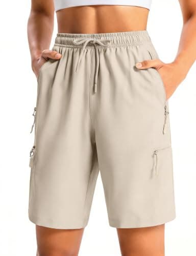Cyasundent Women's 9" Hiking Cargo Shorts Lightweight Stretch Quick Dry Athletic Golf Summer Bermuda Shorts for Women (Khaki_L) - Image 1
