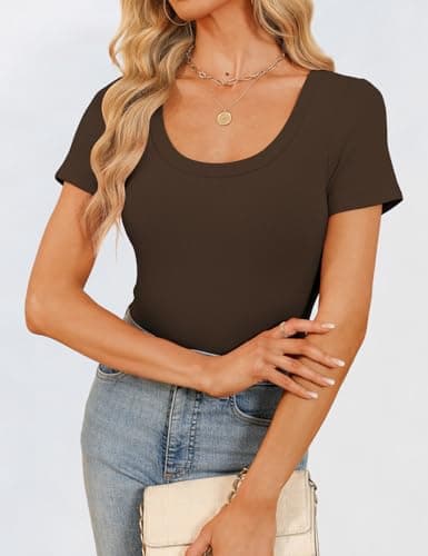GKBK Scoop Neck Short Sleeve Tops for Women Ribbed Knit Slim Fitted Tight Layering Top Basic Tee Shirts Cute Summer Tops Casual Spring Outfits 2026 Trendy Brown - Thumbnail 5