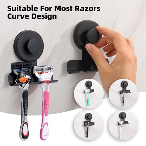 Supopular Suction Cup Razor and Shaver Holder for Shower, Heavy-Duty Stainless Steel No-Drill Bathroom Wall Hook for Towel, Loofah, Damage-Free and Reusable, Easy Install and Remove (2, Matte Black) - Thumbnail 5
