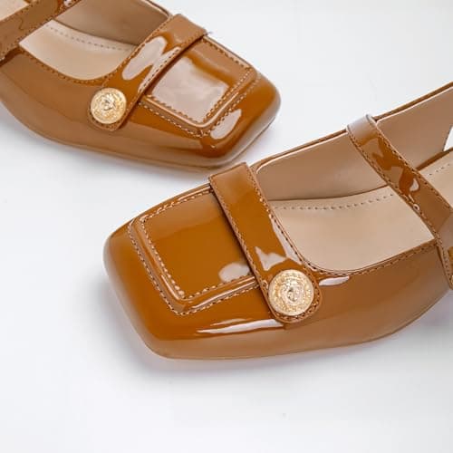 Brown Slingback Mary Jane Heels for Women Square Toe Pump Shoes Low Block Chunky Heel Closed Toe Heels Classic Daily Office Dressy Church Shoes Size 9 - Thumbnail 4