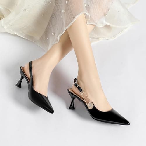 QFDZLA Women's Slingback Kitten Heels Closed Pointy Toe Elegant Dressy Wedding Party Dress Shoes Pumps for Women Black 5 - Thumbnail 2