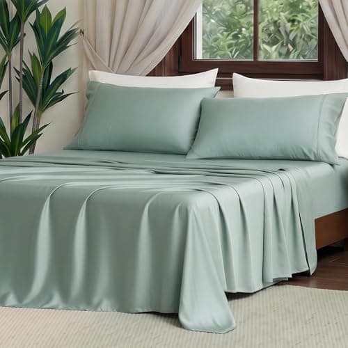 Amélie Home 100% Tencel Lyocell Sheet Set Queen Size 4 Pieces, Silky Soft Breathable Cooling Sheet Set with 16 Inch Deep Pocket for Hot Sleepers, Mist Green