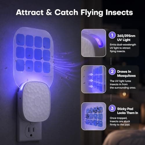 Fruit Fly Traps for Indoors 2 Pack: Plug-in Indoor Fly Trap with Double-Sided Sticky Glue Cards, Flying Insect Trap for Fruit Flies, Gnats, Moths, Includes 6 Refills - Thumbnail 5