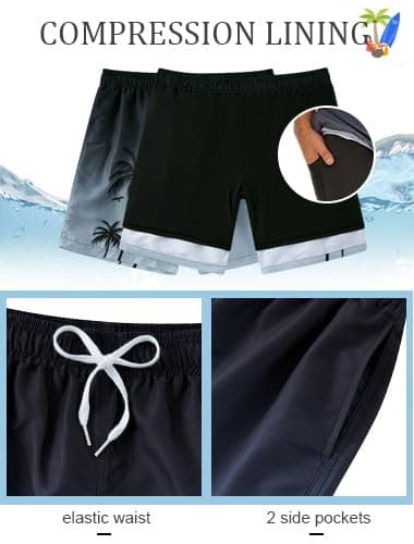 Men's Board Shorts with Compression Liner Stretch Black White Swimming Trunks for Mens Novelty 9" Men Bathing Suit Beach Shorts Brief Liner Quick Dry Mens Swim Trunks Swim Suits Summer Swimwear L - Thumbnail 5