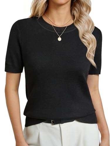GKBK Women's Short Sleeve Sweaters Lightweight Wool Blend Knit Pullover Summer Tops Soft Basic Tee Shirts Business Casual Outfits for Women 2026 Fashion Trendy Black XXL - Image 1