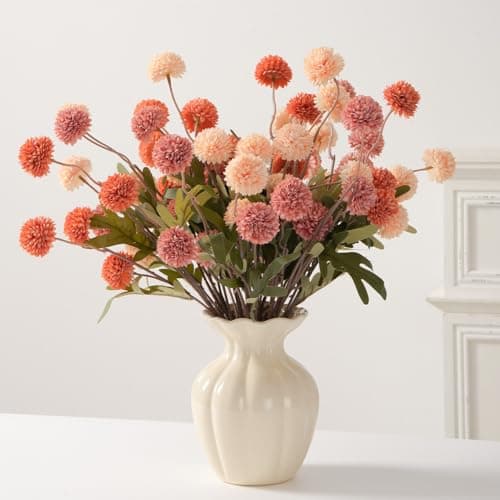 trytuny Fake Fall Flowers for Vase, Faux Silk Kiku Mums, Artificial Pom pom Floral Bouquets Indoor Centerpiece Office Coffee Table Boho Home Decorations (9, Mixed Orange) - Image 1