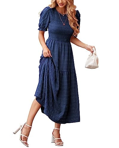dowerme Womens Summer Dresses 2025 Casual Puff Short Sleeve Crewneck Smocked Flowy Ruffle Boho Beach Party Maxi Sundress(Navy,Large) - Image 1