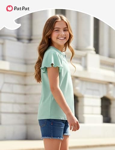 PATPAT Girls Ruffle Short Sleeve Shirts Size 7-8 Years Light Green Summer V Neck Solid Tee Tops Little Girl Casual Cute Fashion Blouse - Thumbnail 3
