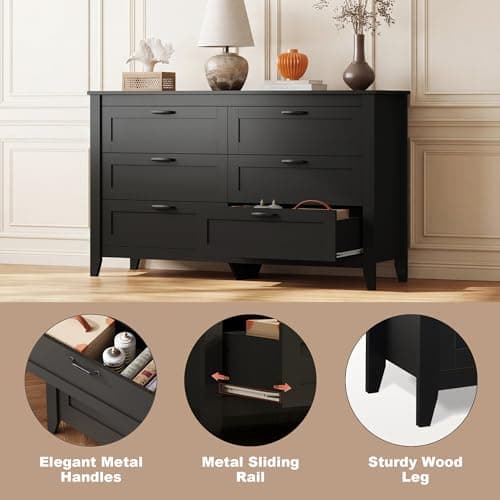 GALAXHERO 6-Drawer Wood TV Stand for 65" TV with Metal Handle, Large Double Wooden TV Console for Living Room, Office, Hallway, Closet, Black - Thumbnail 5