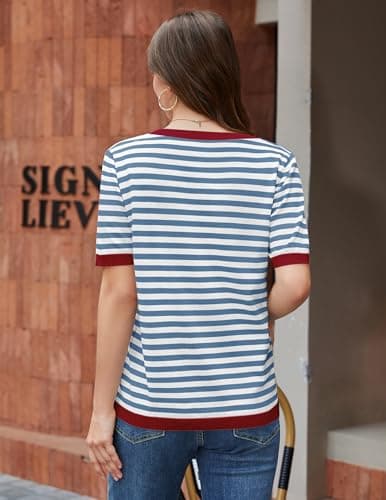 Aprolive Striped Shirt Women Short Sleeve Sweater with Chest Pocket Color Block Crewneck Tshirts for Spring Summer Casual Layering(11-Blue Striped Red,X-Large) - Thumbnail 6